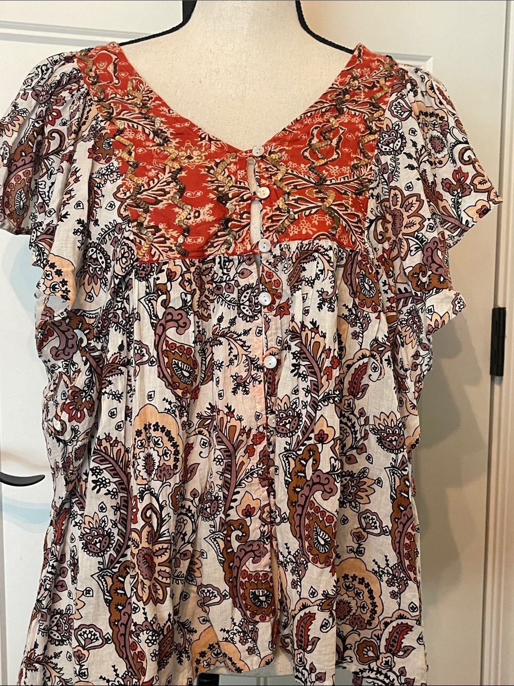 Rachel Zoe Paisley Button-Front Blouse with Red Yoke